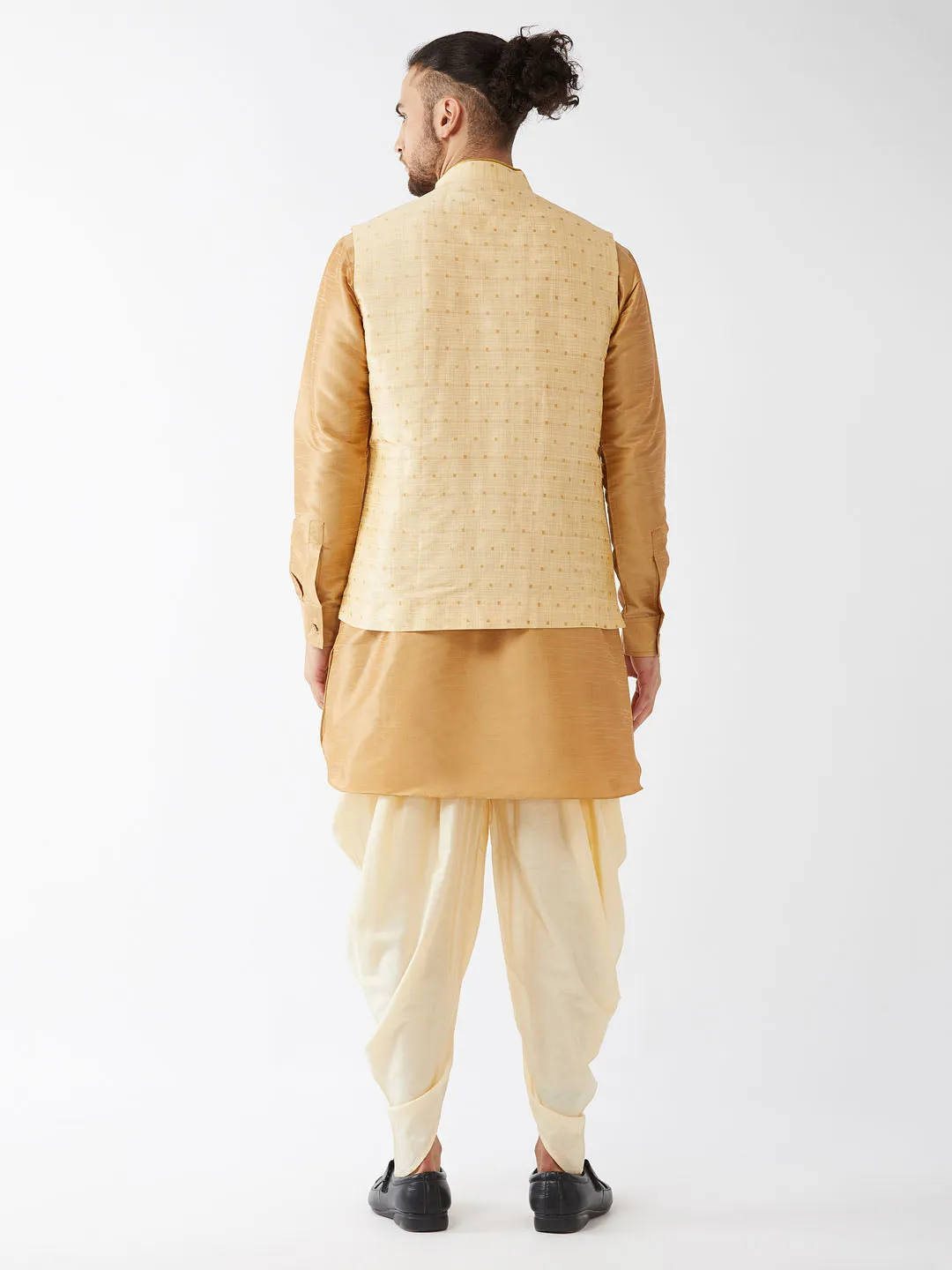 VM By VASTRAMAY Men's Gold Zari Weaved Jacket With Kurta Dhoti Set