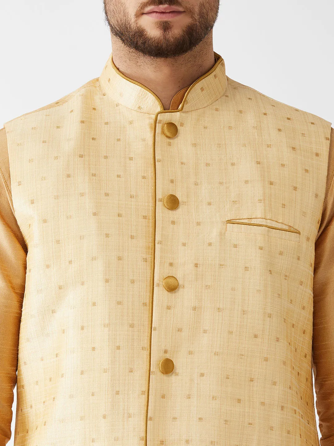 VM By VASTRAMAY Men's Gold Zari Weaved Jacket With Kurta Dhoti Set