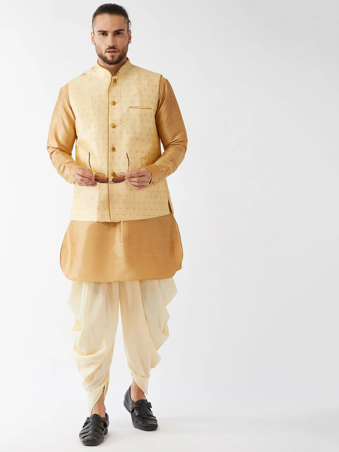 VM By VASTRAMAY Men's Gold Zari Weaved Jacket With Kurta Dhoti Set