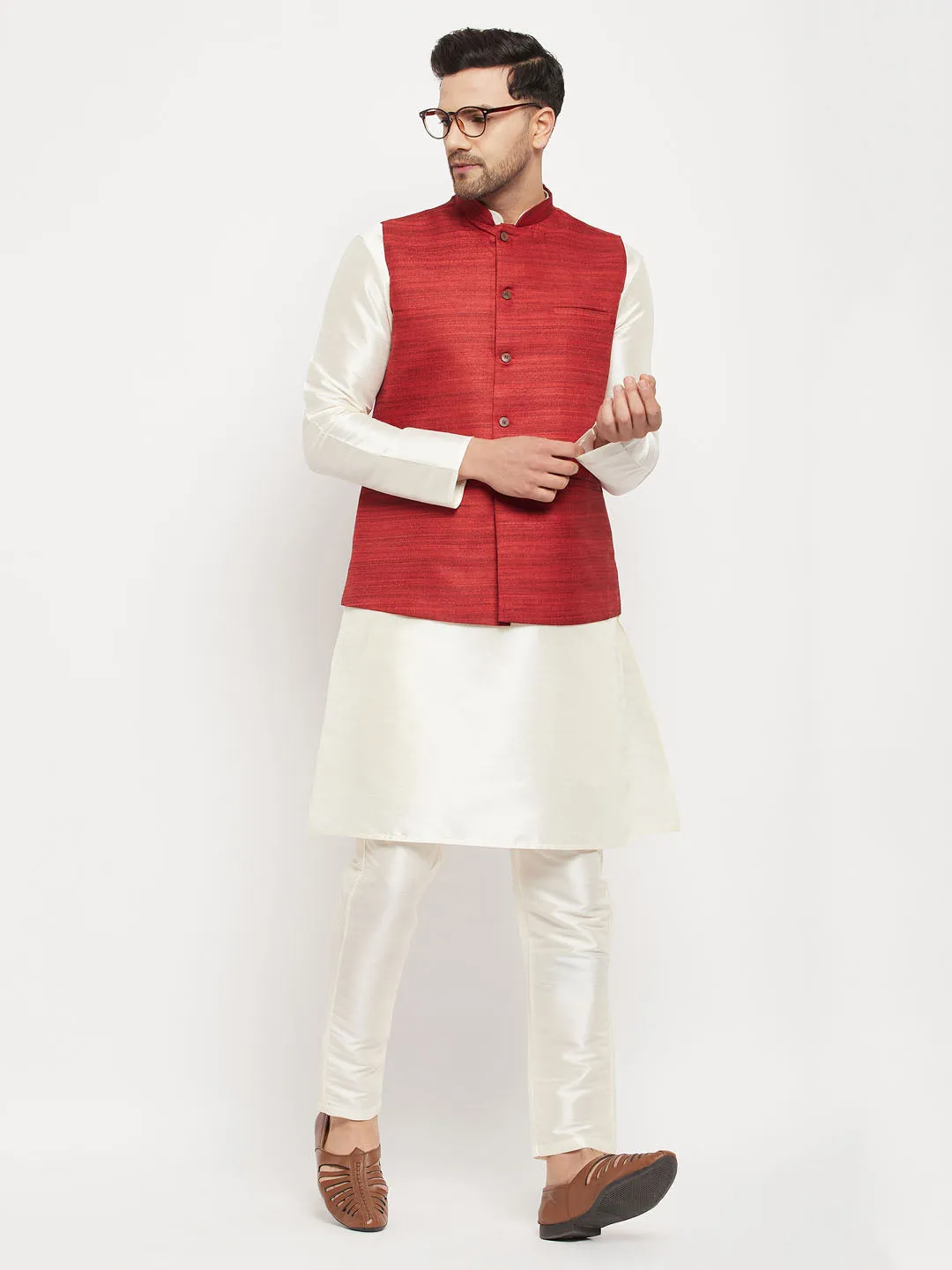 VM BY VASTRAMAY Men's Maroon Matka Silk Nehru Jacket With Cream Silk Blend Kurta and Pant style Pyjama Set