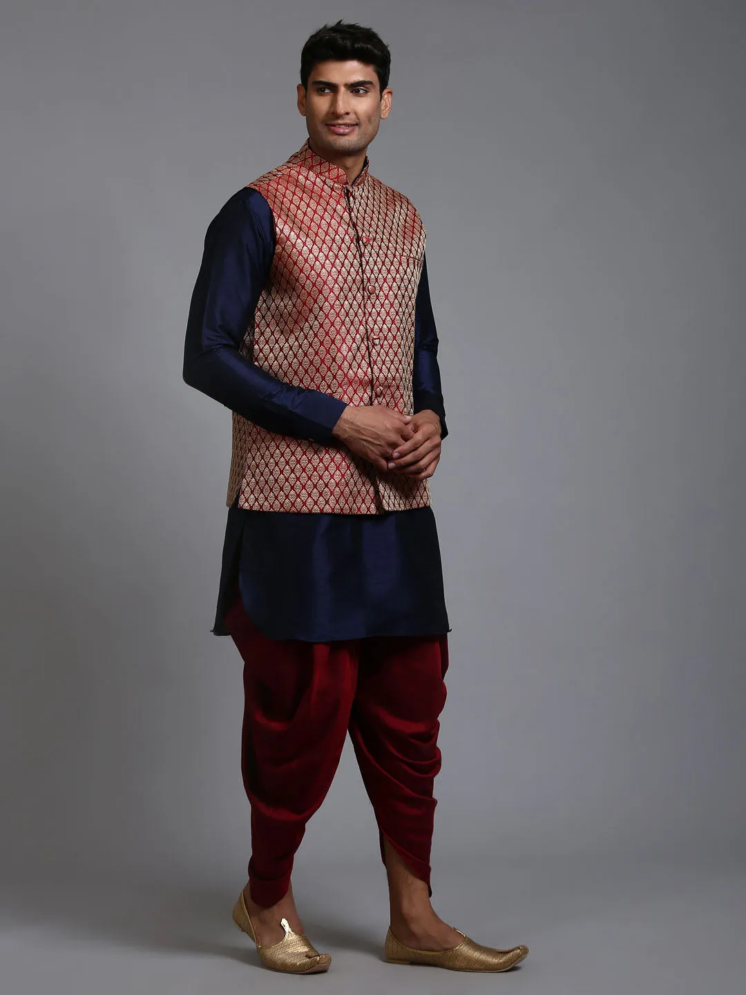 VM By VASTRAMAY Men's Maroon Silk Blend Jacket With Curved Kurta Dhoti Set