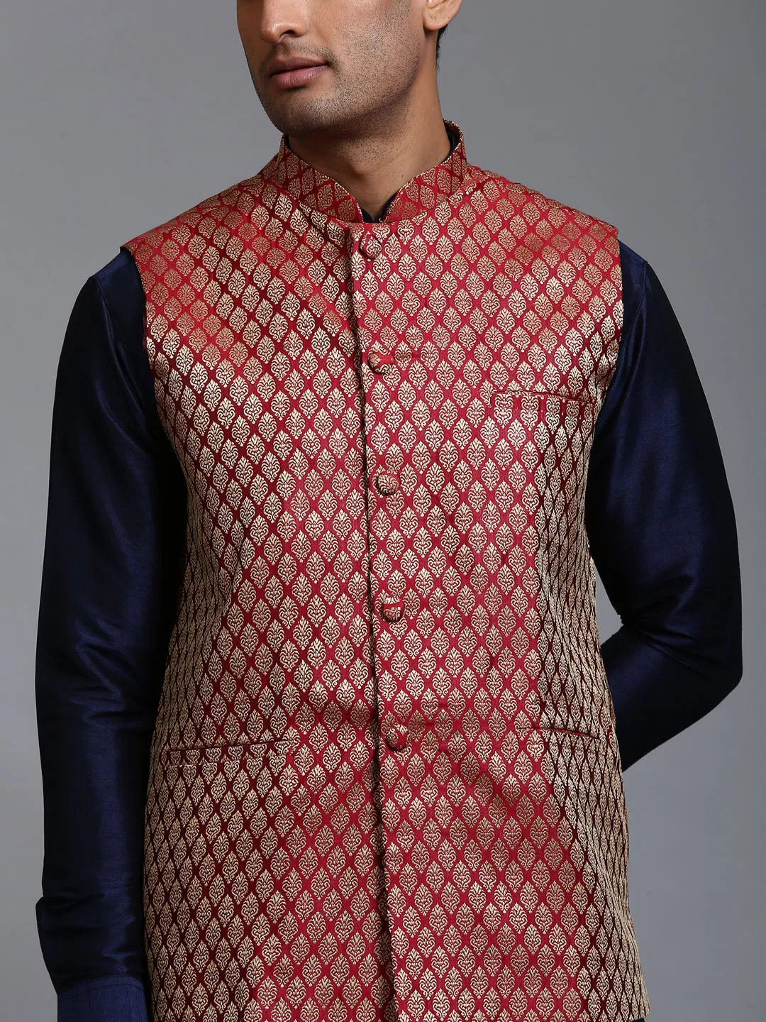 VM By VASTRAMAY Men's Maroon Silk Blend Jacket With Curved Kurta Dhoti Set