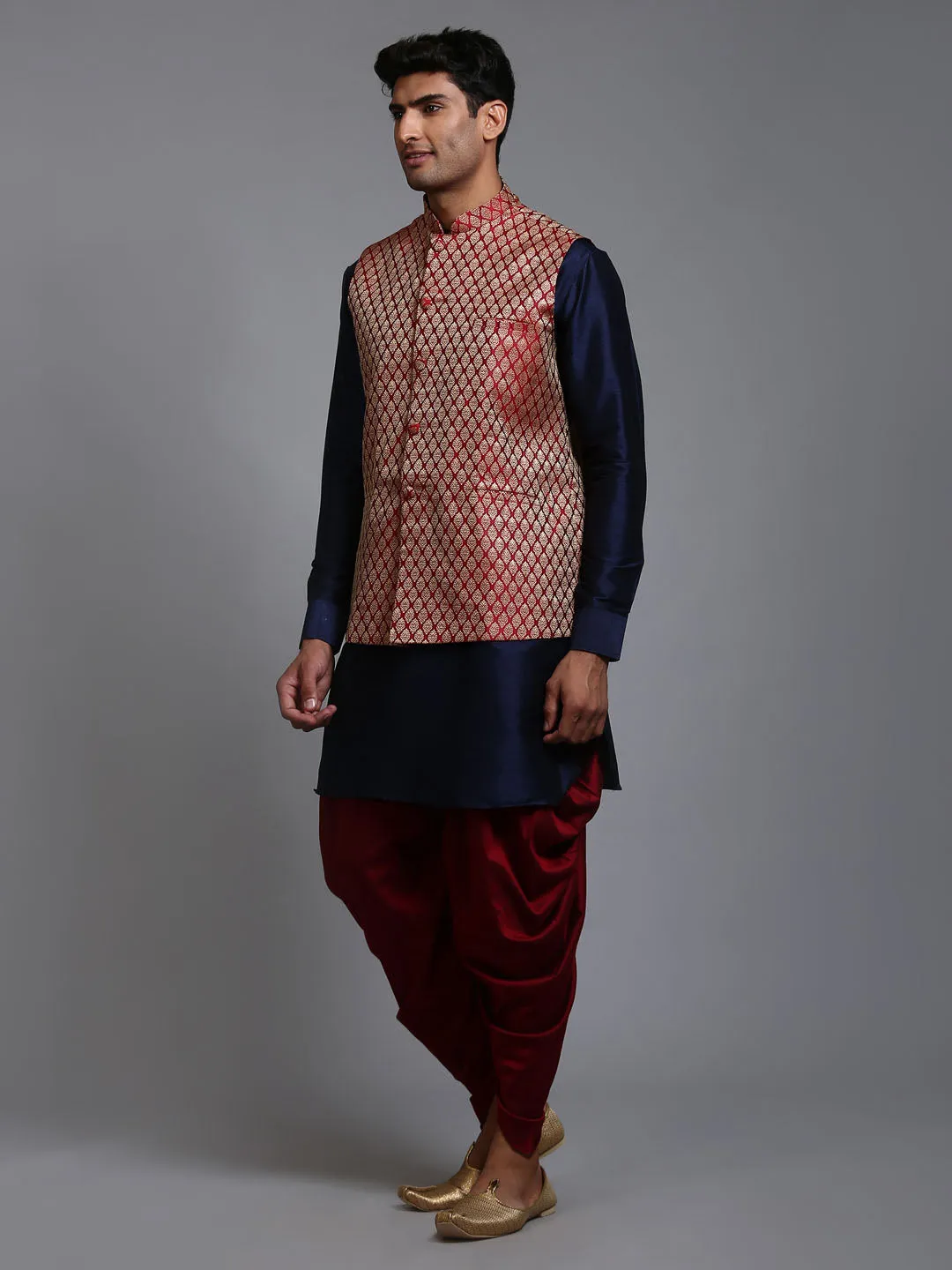 VM By VASTRAMAY Men's Maroon Silk Blend Jacket With Curved Kurta Dhoti Set