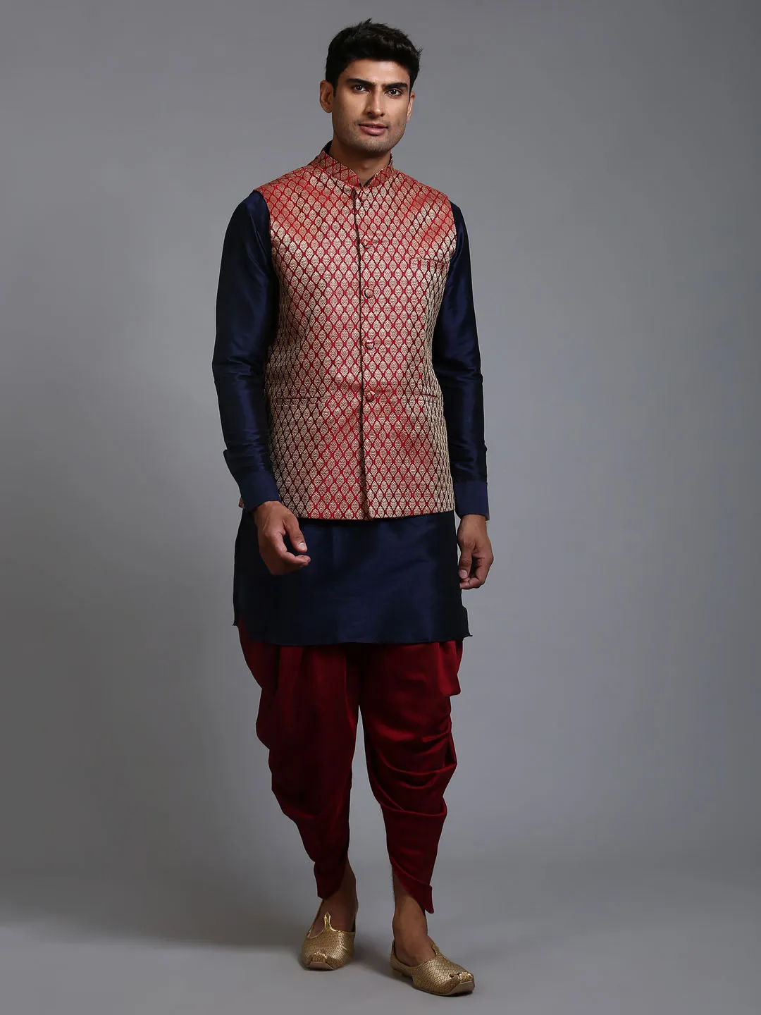 VM By VASTRAMAY Men's Maroon Silk Blend Jacket With Curved Kurta Dhoti Set