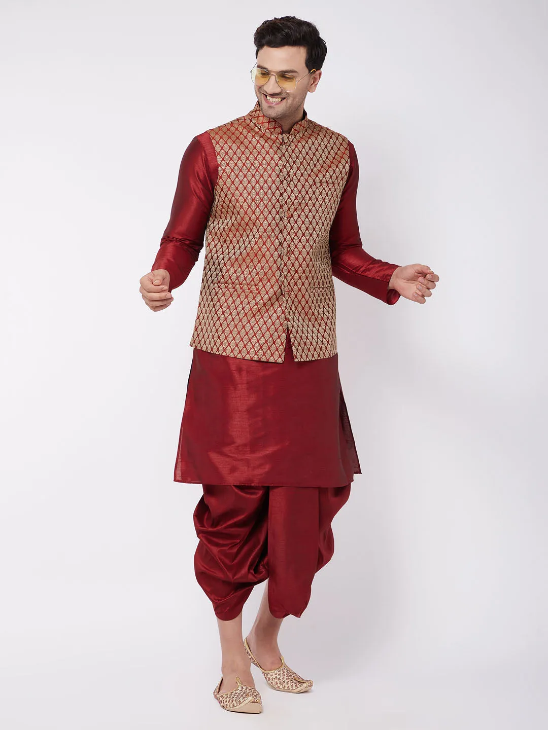 VM BY VASTRAMAY Men's Maroon Silk Blend Jacket With Kurta Dhoti Set