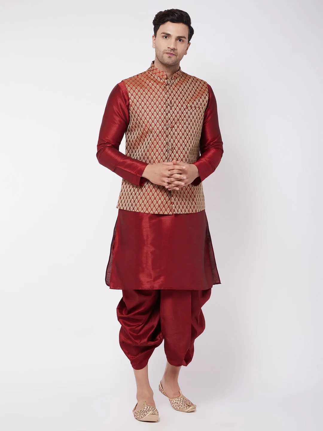 VM BY VASTRAMAY Men's Maroon Silk Blend Jacket With Kurta Dhoti Set