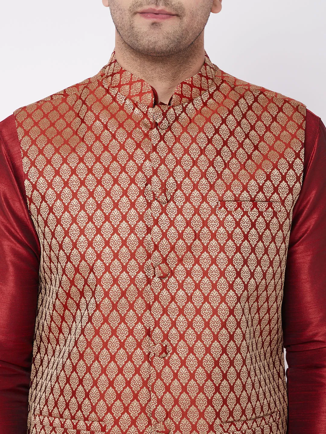 VM BY VASTRAMAY Men's Maroon Silk Blend Jacket With Kurta Dhoti Set