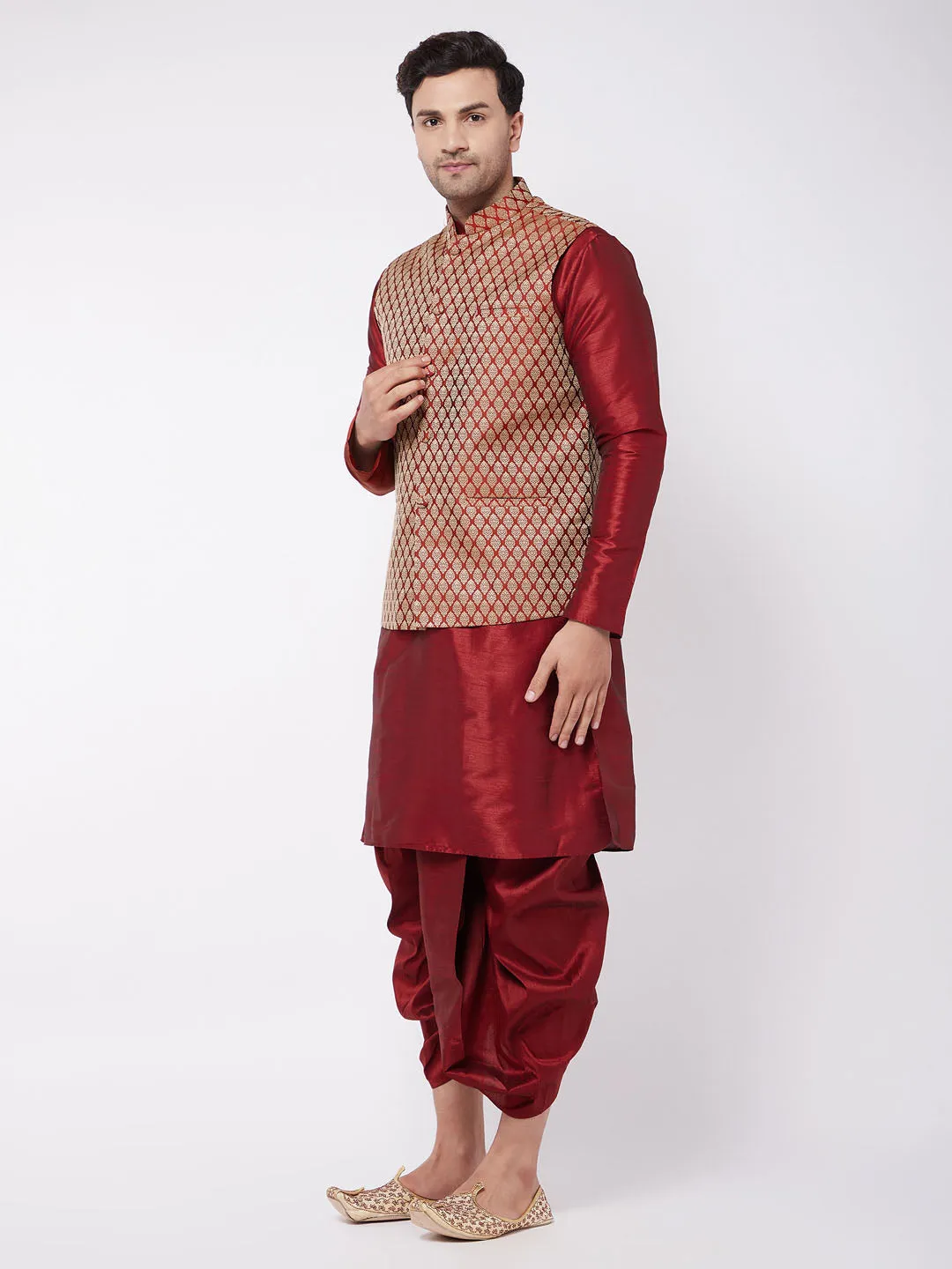 VM BY VASTRAMAY Men's Maroon Silk Blend Jacket With Kurta Dhoti Set