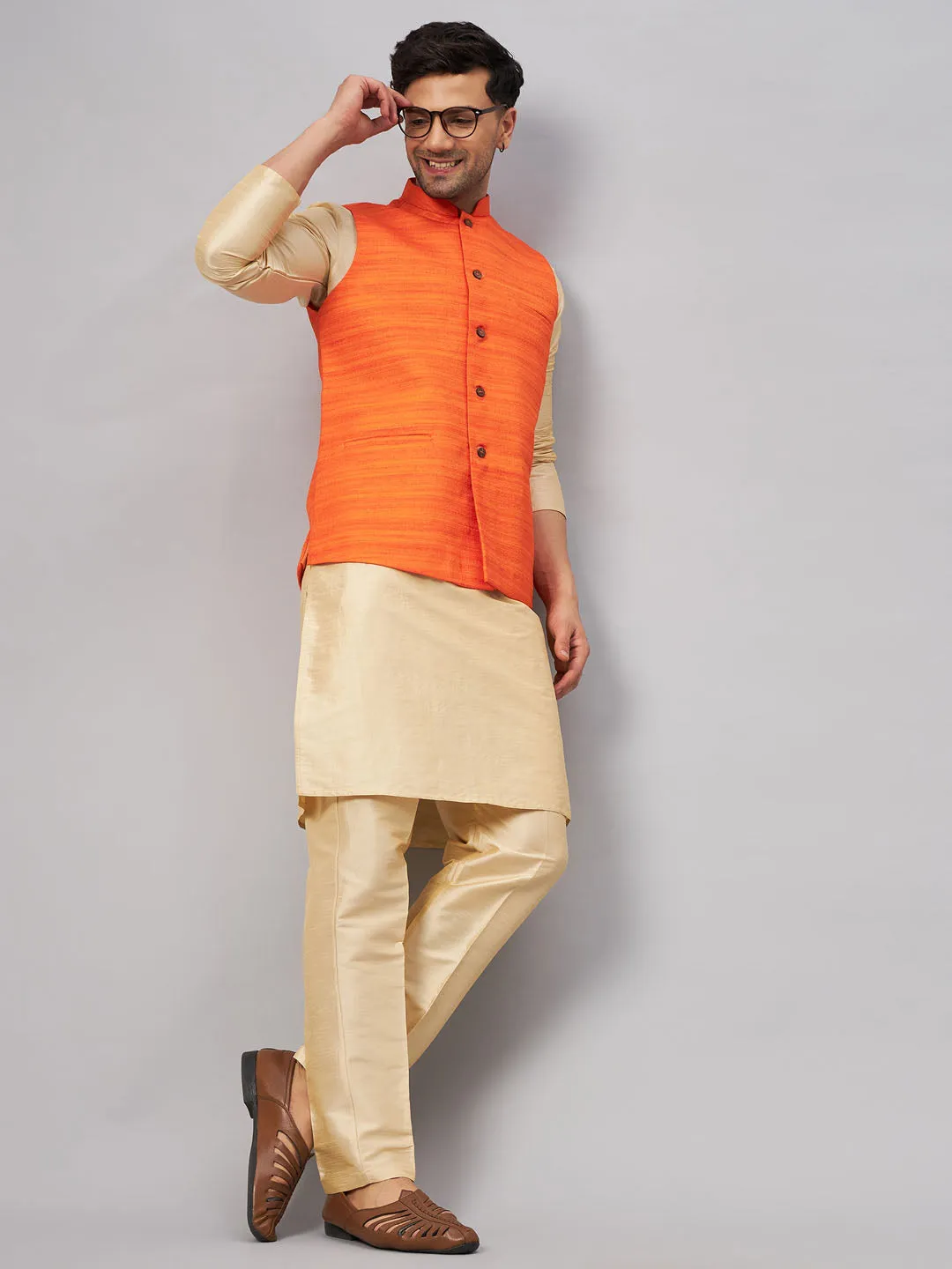 VM BY VASTRAMAY Men's Orange Matka Silk Nehru Jacket With Gold Silk Blend Kurta and Pant style Pyjama Set