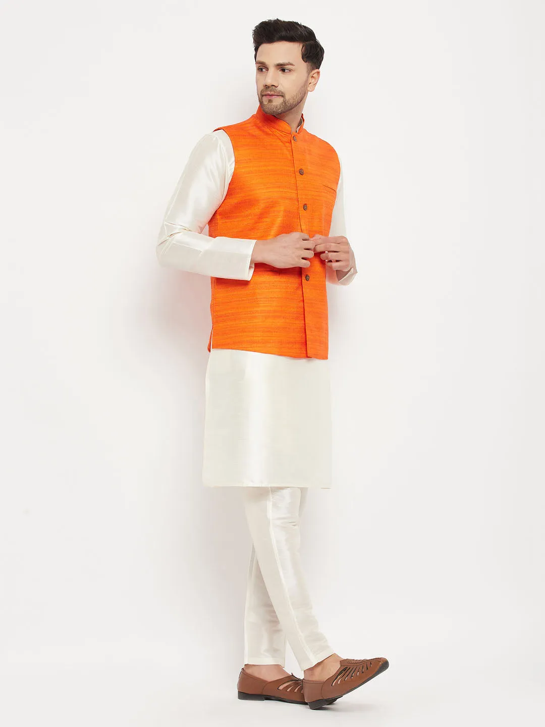 VM BY VASTRAMAY Men's Orange Matka Silk Nehru Jacket With Kurta and Pant style Pyjama Set