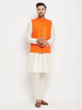 VM BY VASTRAMAY Men's Orange Matka Silk Nehru Jacket With Kurta and Pant style Pyjama Set