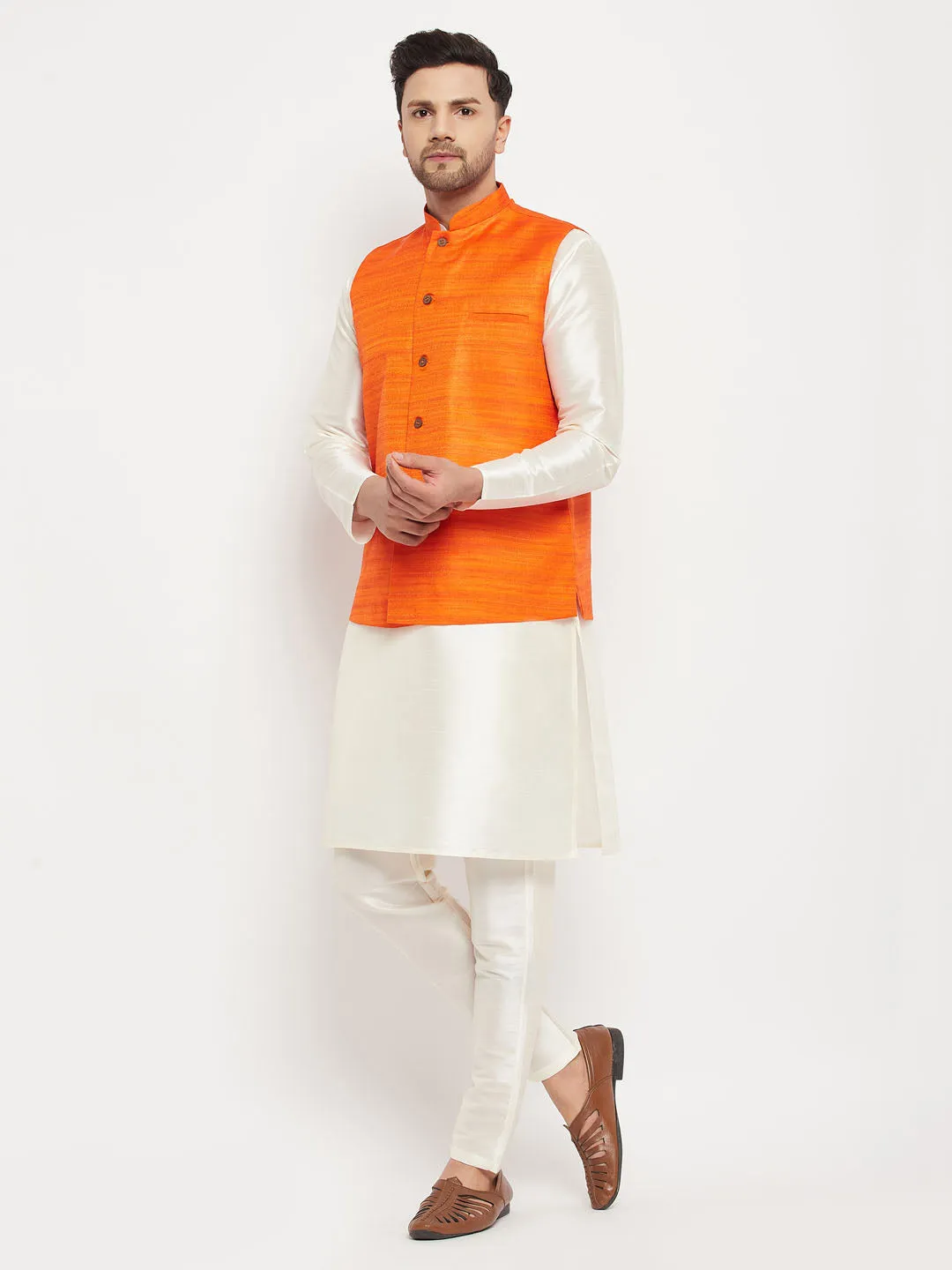 VM BY VASTRAMAY Men's Orange Matka Silk Nehru Jacket With Kurta and Pant style Pyjama Set