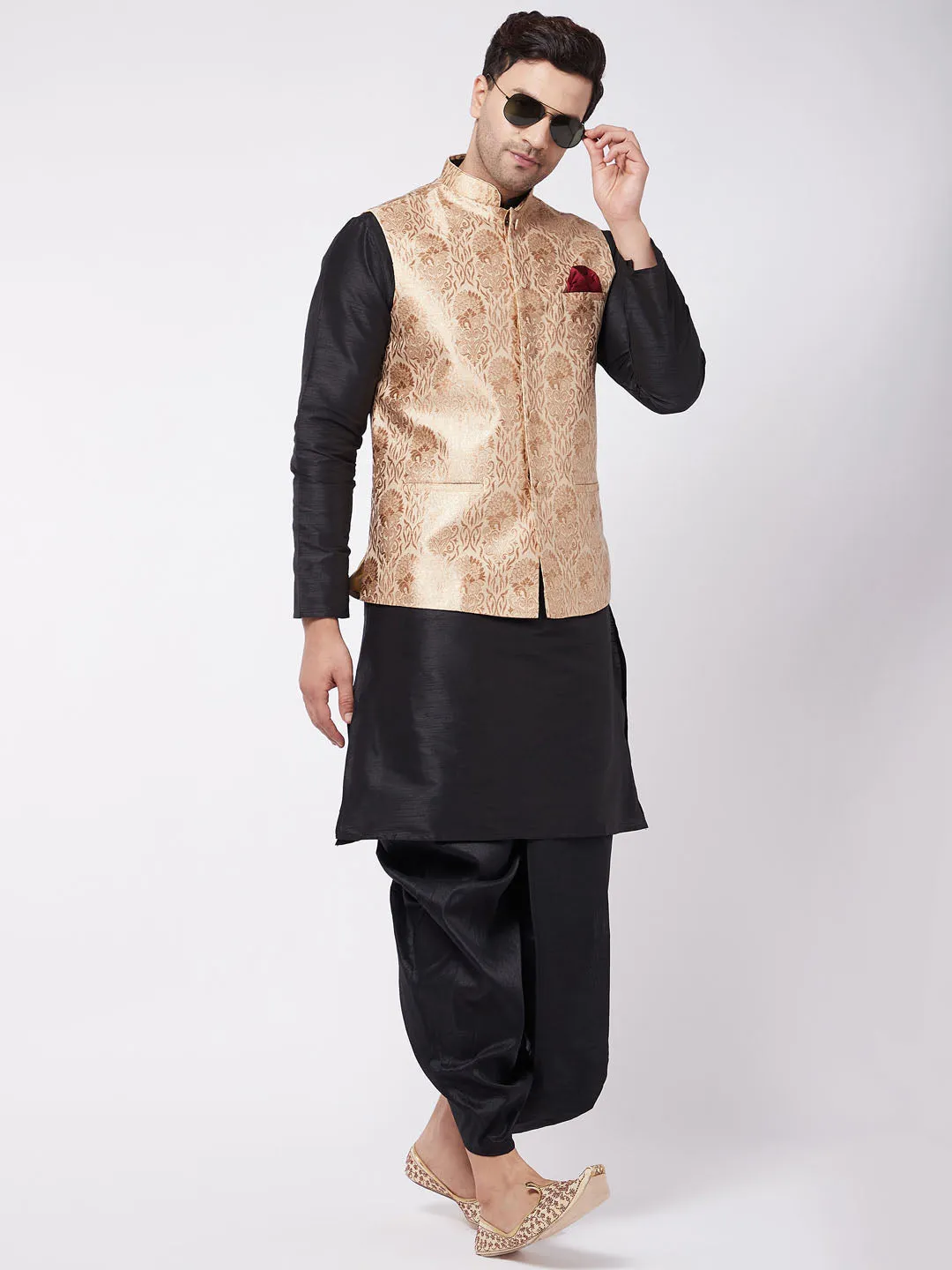 VM By VASTRAMAY Men's Rose Gold Jacquard Jacket With Kurta Dhoti Set