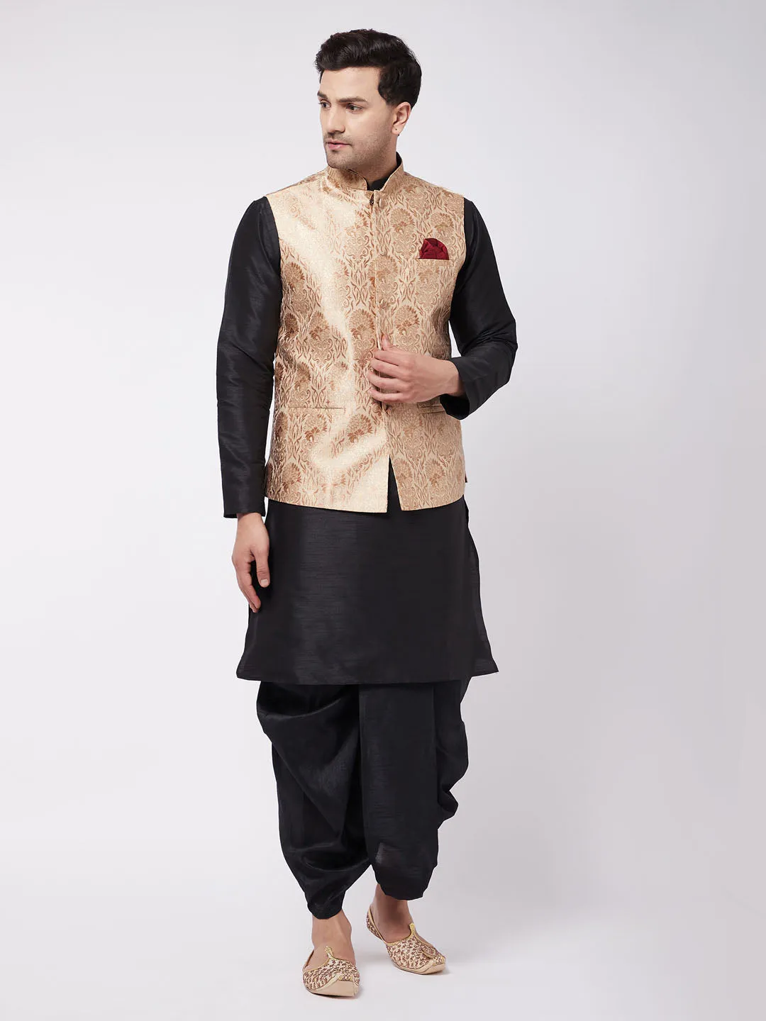 VM By VASTRAMAY Men's Rose Gold Jacquard Jacket With Kurta Dhoti Set