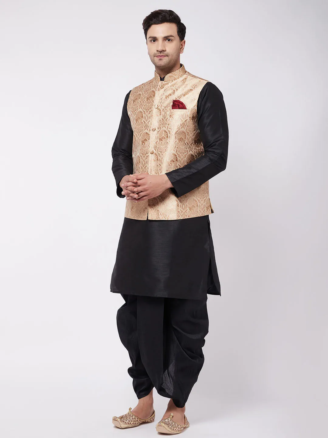 VM By VASTRAMAY Men's Rose Gold Jacquard Jacket With Kurta Dhoti Set