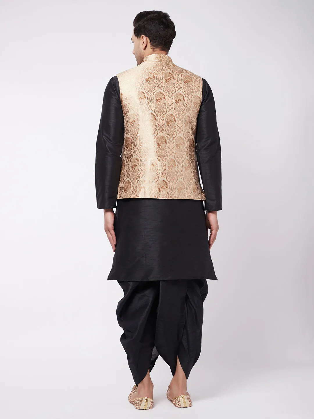 VM By VASTRAMAY Men's Rose Gold Jacquard Jacket With Kurta Dhoti Set