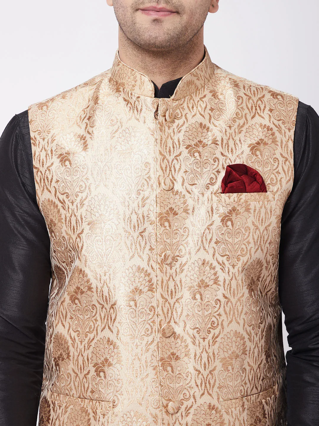 VM By VASTRAMAY Men's Rose Gold Jacquard Jacket With Kurta Dhoti Set