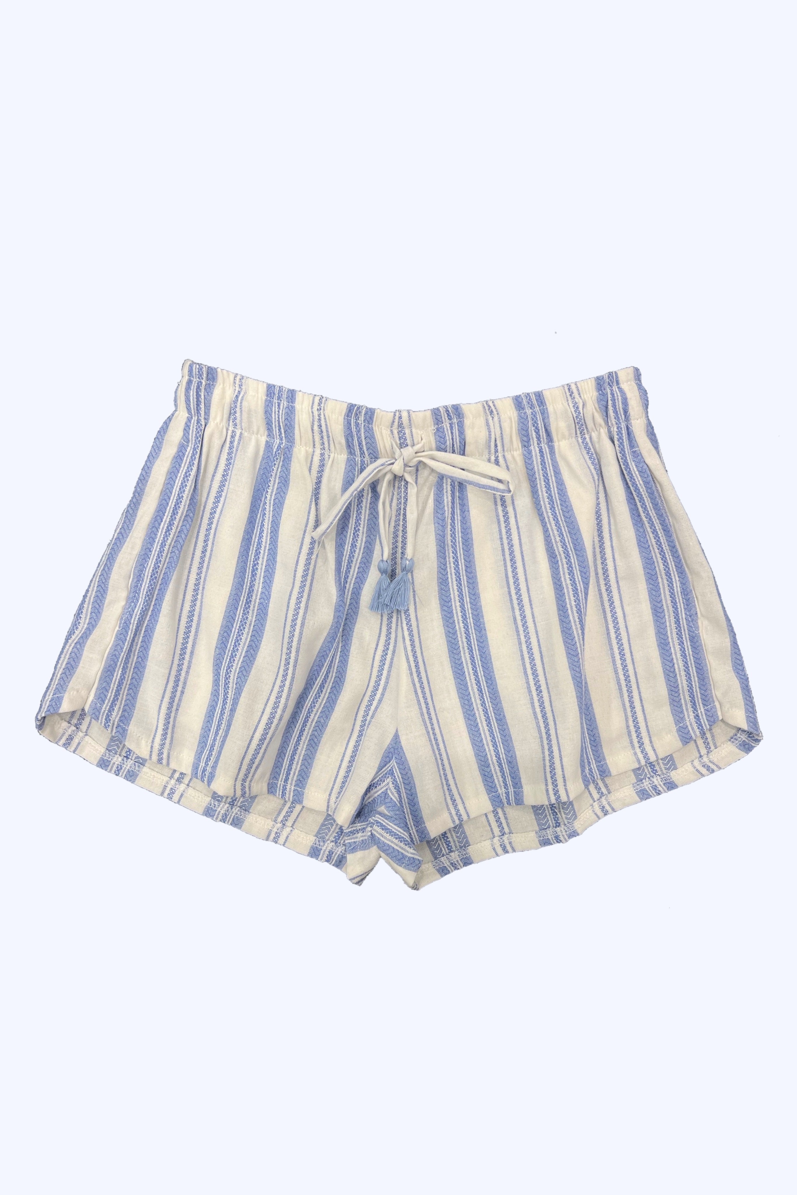 White Blue Woven Stripe Elastic Waist Shorts