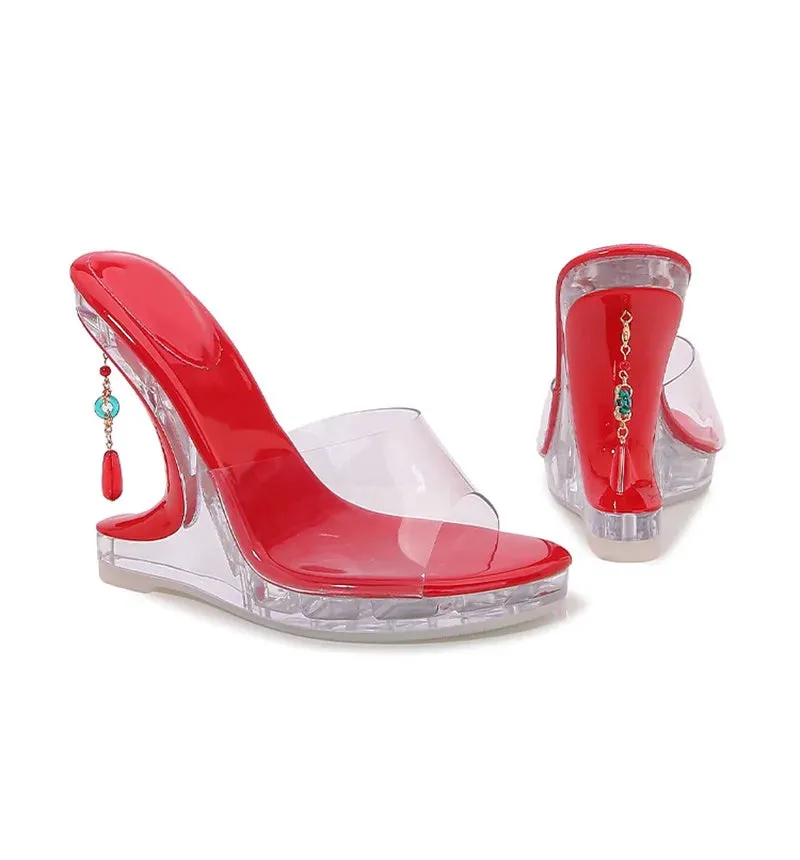 Women's Summer Gem Pendant Transparent Wedge Heel Open Toe Pumps