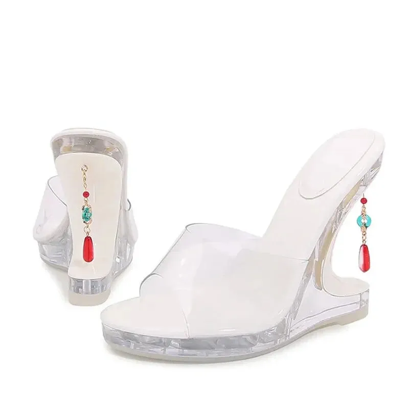 Women's Summer Gem Pendant Transparent Wedge Heel Open Toe Pumps